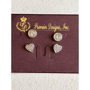 Premier Designs Silver-Tone Stud Earring Set Clear Stones & Heart Design 2 Pairs
